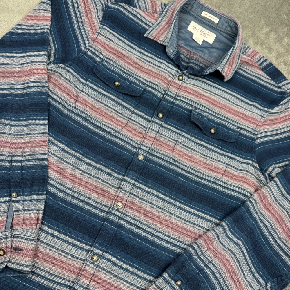 Original Penguin Button Down Shirt Mens L Blue Red Stripe Heritage Slim Fit Exc